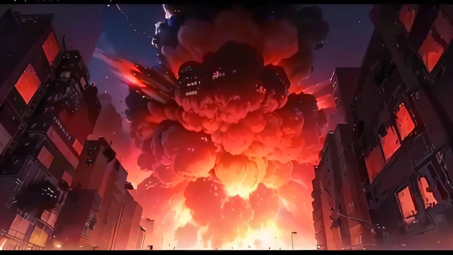 a picture taken from a computer screen of a city with a huge explosion, [explosions and fire], explosion, huge explosions everywhere, explosions all around, explosions, the explosion from akira, explosions and fire, big explosion, dark color. explosions, explosion in the background, realistic explosion, large explosions, fire and explosions, fire and explosion, exploding, fire from sky