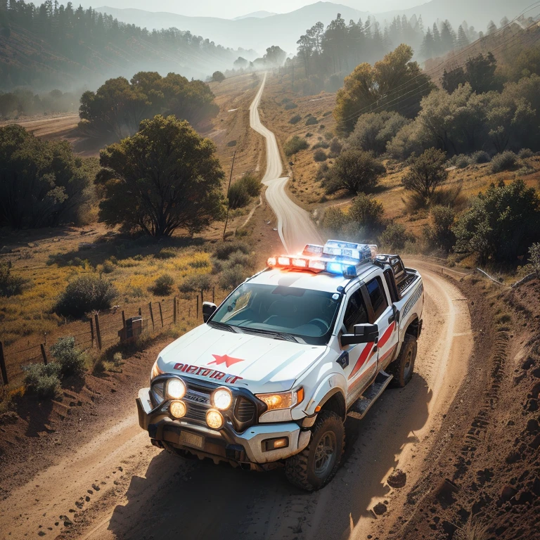 arafed emergency vehicle driving down a dirt road with a light on, vehicle photography, rugged ranger, flying emergency vehicles, vibrant and powerful, 3 - piece, r - mk, professional shot, crisp smooth lines, by Adam Marczyński, powerful scene, interesting background, ambulance, a wide full shot, background focus, malika favre