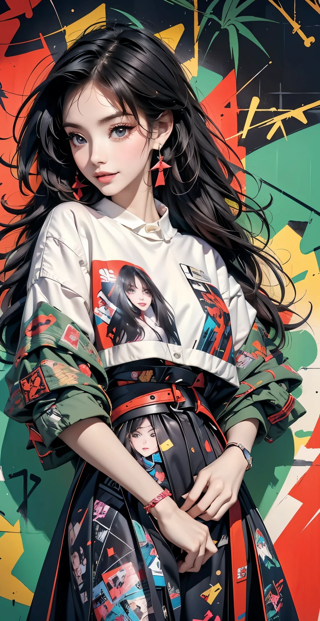 Flat Illustration artwork, ((Angelababy)) in a dress standing in front of simple background, up close, ((Art style by Patrick Nagel)), ((8k, wallpaper, detailed)), dark sunglasses, korean pop-star, big smile, black hair, pretty hands, fringe, simple red background, palm trees, (graffiti wall:1.2), strong, courageous, art by Patrick Nagel, music album art cover
