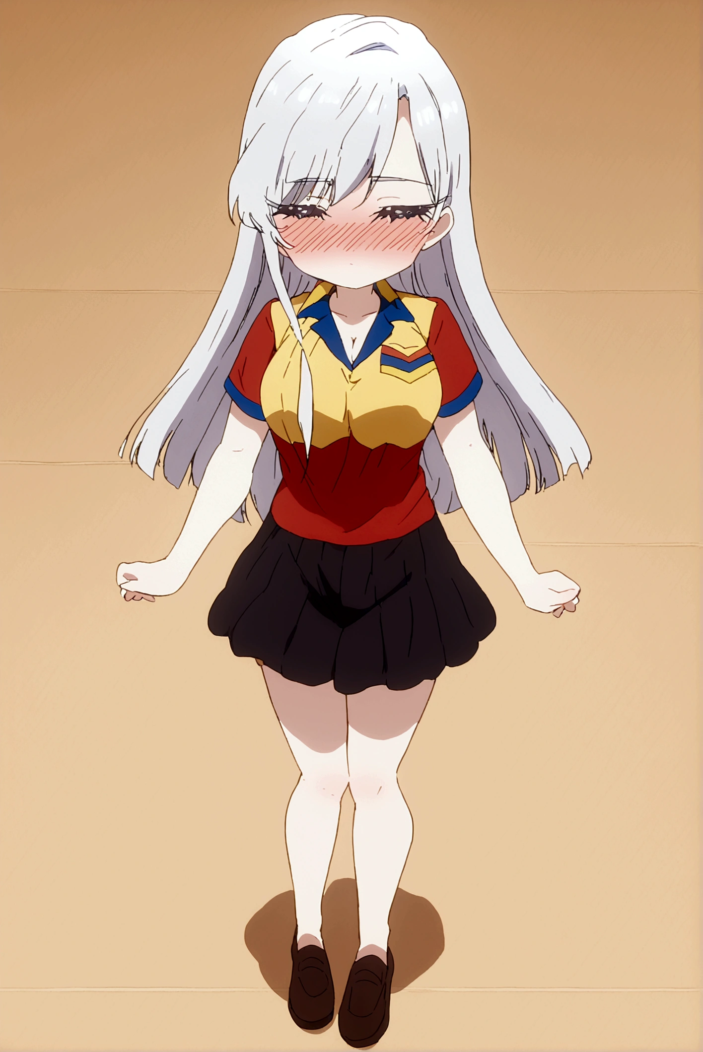 white hair girl (nano) wearing the Ecuador shirt with the 3 colors yellow, blue and red in the center of the shirt the Ecuad shield she is blushing and happy in full body