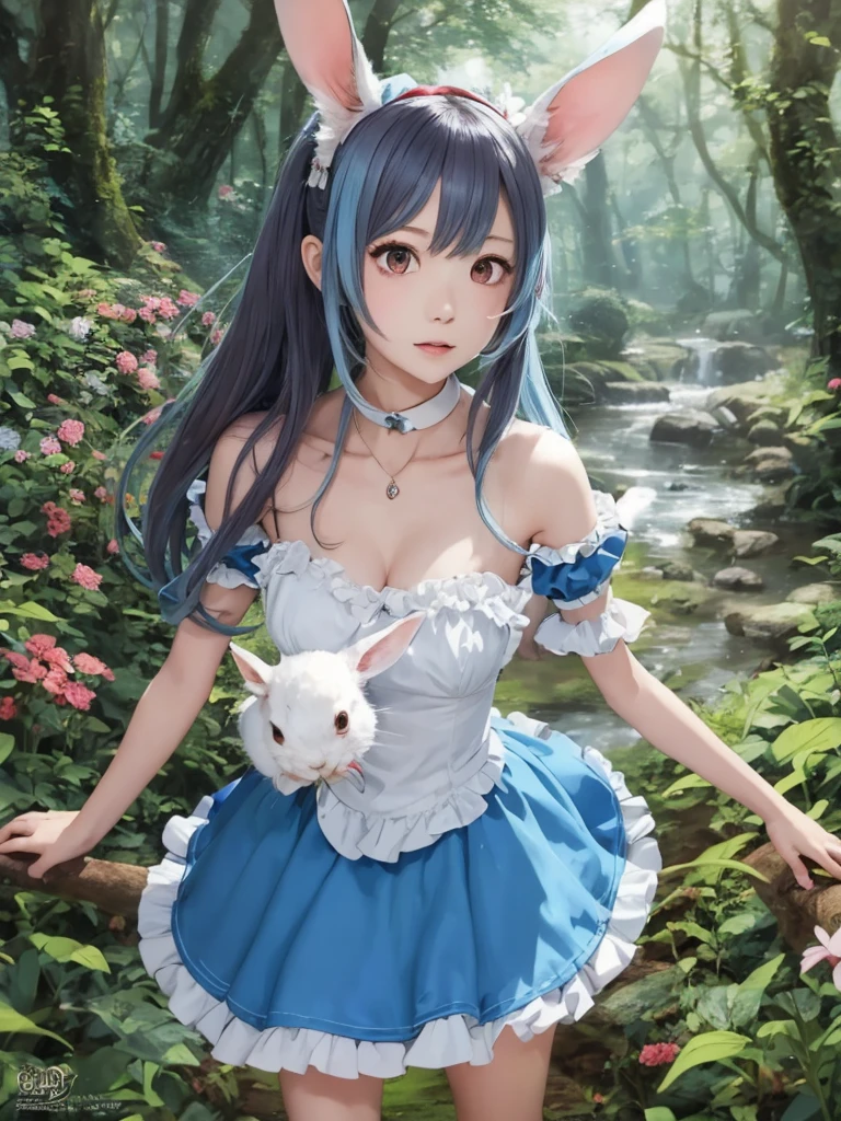 anime girl in a blue dress with long hair and rabbit ears, splash art anime , Magical Forest Maid, anime style 4k yen, anime! 4K, anime! 4k yen, anime art wallpaper 8 k, anime art wallpaper 4K, anime art wallpaper 4k yen, 4k yen manga wallpaper, Official artwork, anime lush john 8k woods