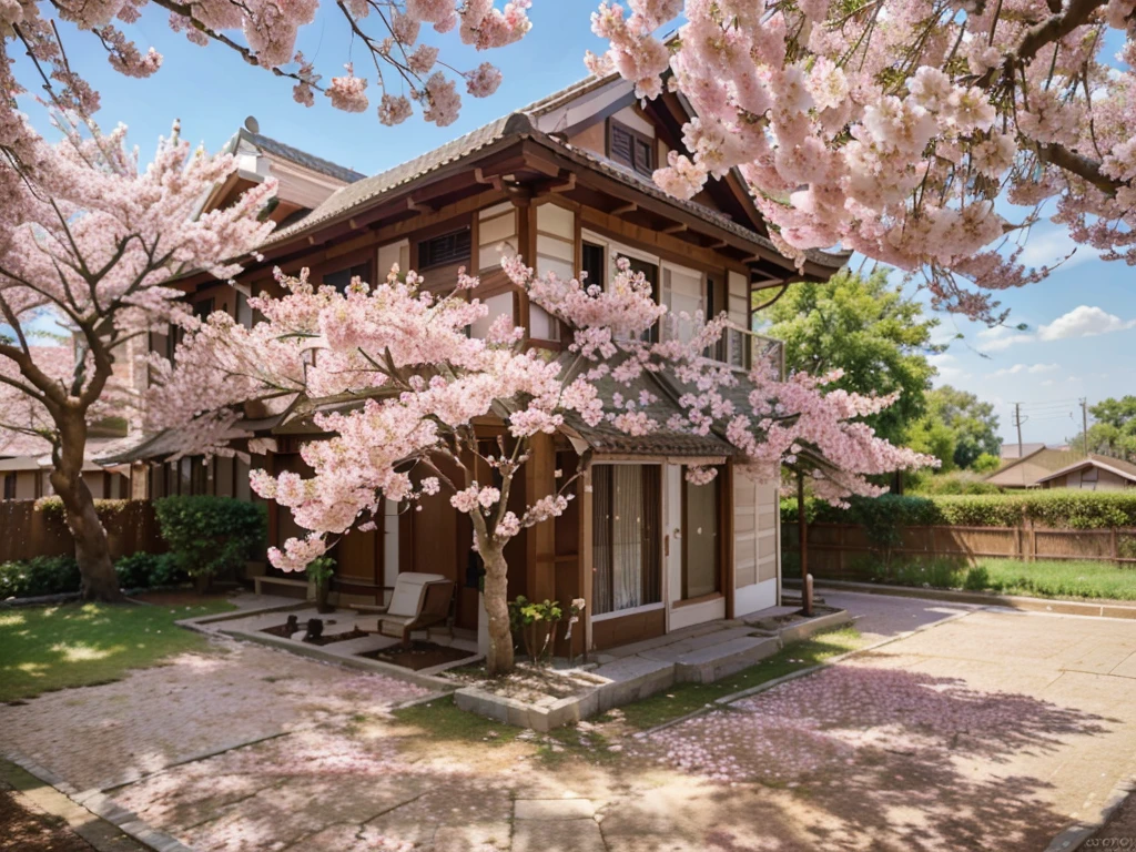 a beautiful blooming cherry blossom tree in spring, full of pink flowers, against a clear blue sky, natural sunlight, highly detailed, intricate petals, soft focus, delicate, serene, peaceful, (best quality,4k,8k,highres,masterpiece:1.2),ultra-detailed,(realistic,photorealistic,photo-realistic:1.37),vibrant colors,stunning landscape