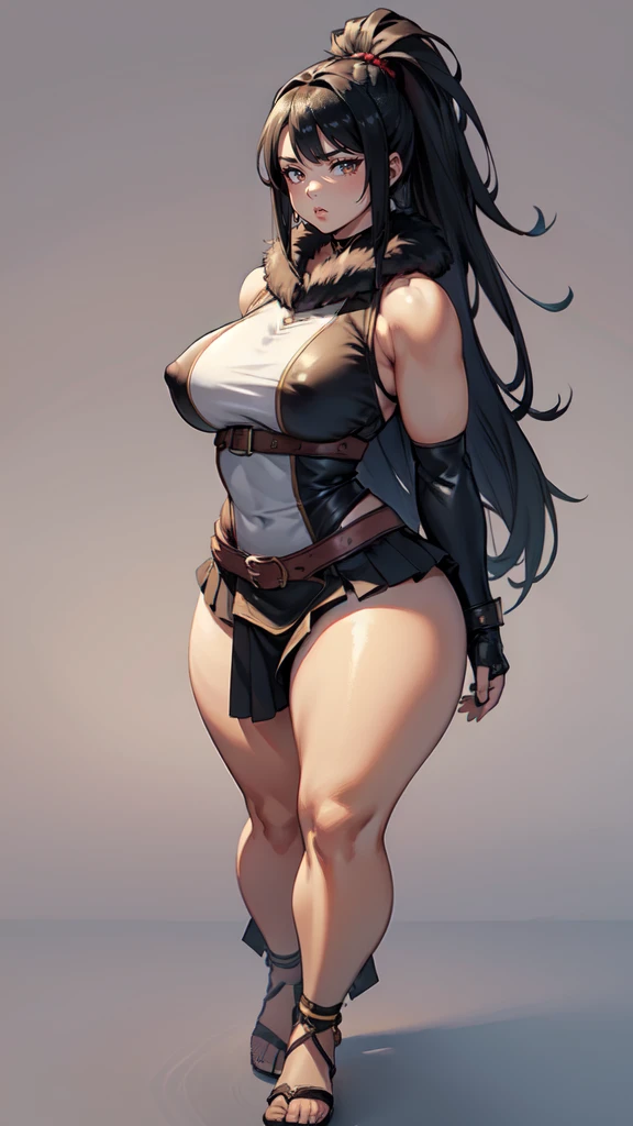 (masterpiece), best quality, female warrior, dark fantasy, huge girl, female muscular:1.2, straight hair, black hair, (curvy:1.7), ((thick thighs:1.4)), (((blank background))), ((full body)), fingerless gloves, sandals, sleeveless, covered nipples, (straight hair), (fur leather skirt), (fur top) , leather armor