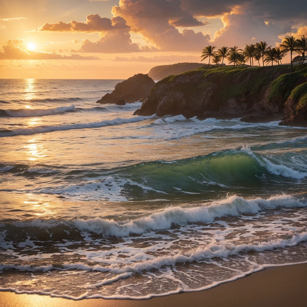 cinematic landscape, idyllic seaside, dramatic sky, golden hour lighting, serene ocean waves, sandy beach, lush foliage, detailed flora, photorealistic, (best quality,8k,highres,masterpiece:1.2),ultra-detailed,realistic,vibrant colors,dramatic lighting,award-winning photography,cinematic composition