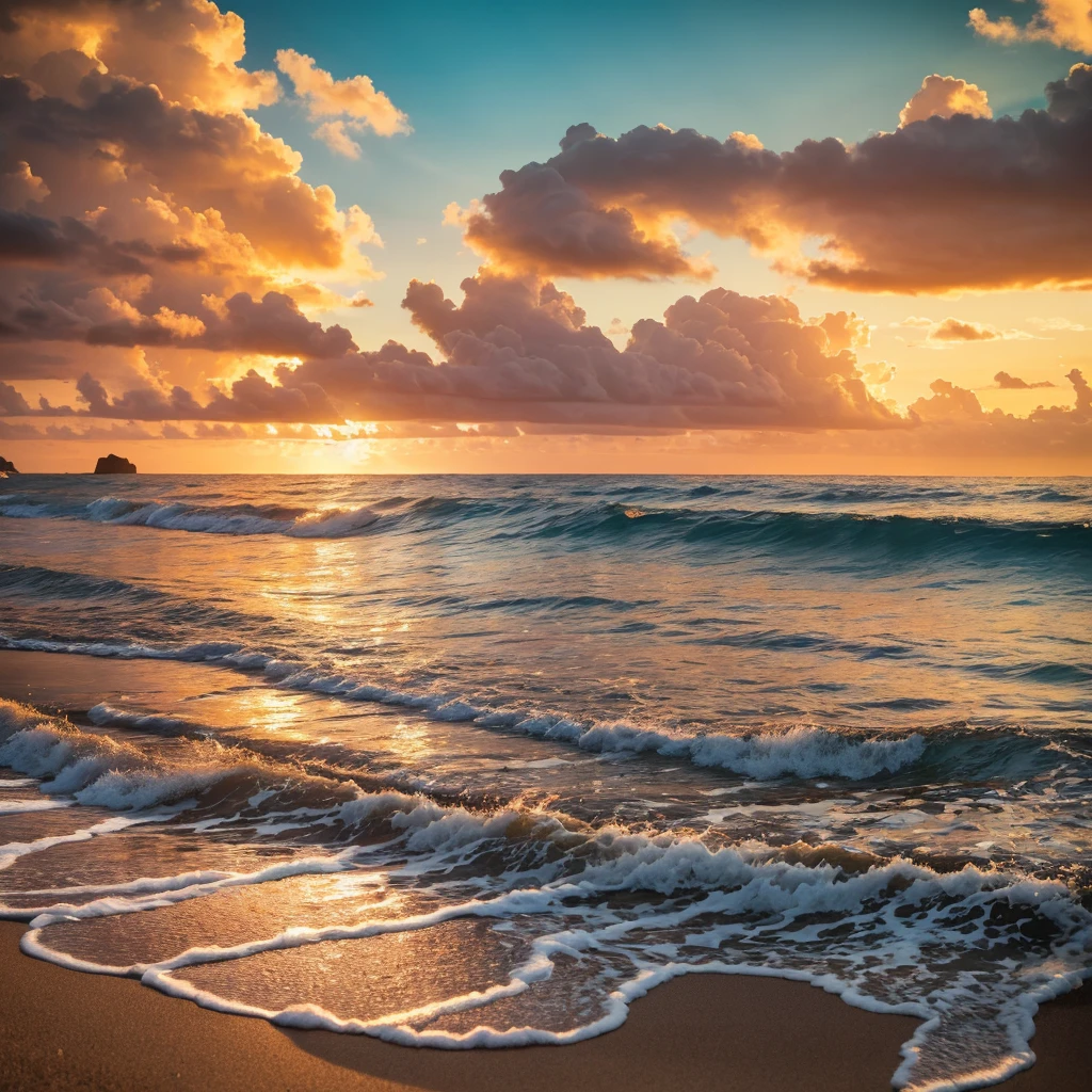cinematic landscape, idyllic seaside, dramatic sky, golden hour lighting, serene ocean waves, sandy beach, lush foliage, detailed flora, photorealistic, (best quality,8k,highres,masterpiece:1.2),ultra-detailed,realistic,vibrant colors,dramatic lighting,award-winning photography,cinematic composition