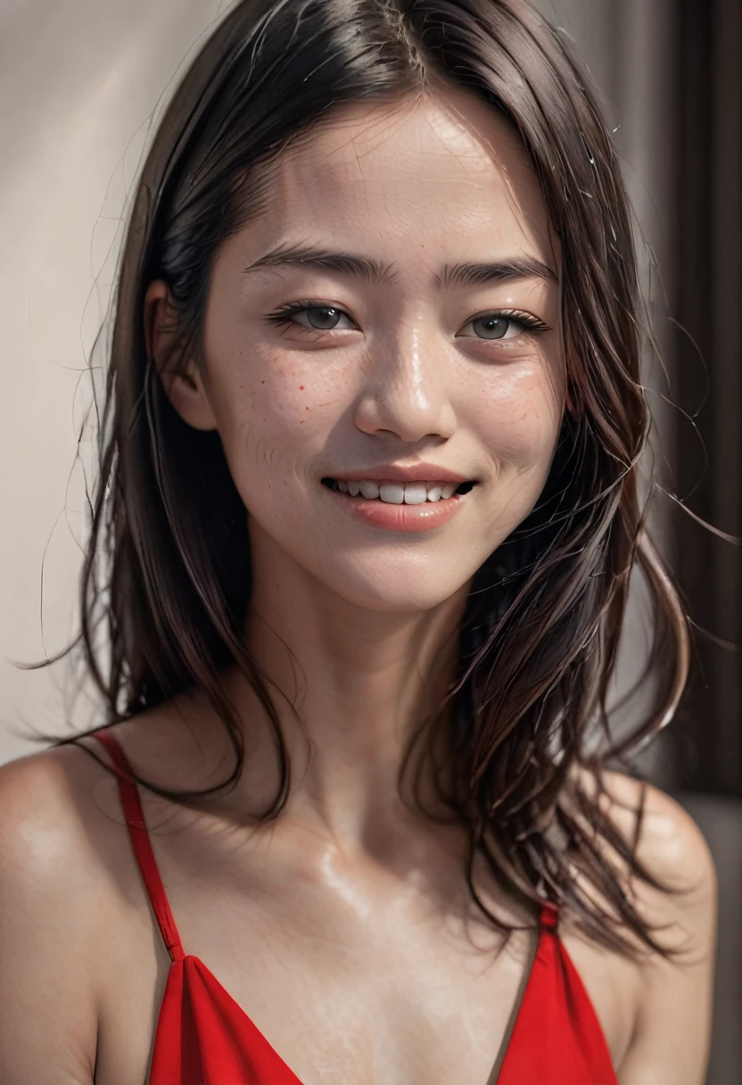 ((8k, RAW photos, top quality, masterpieces), high-definition RAW color photos professional close-up photos, (realistic, photorealism: 1.37), (highest quality), (best shadows), (best illustrations), collarbones ((big)), ((erotic, sexy, ultra high resolution, high-definition CG unified 8K wallpapers, physically based rendering, movie lighting) lifelikewoman 60 years old,close up of chest_neck_hair, gray hair, red dress_ coy smile