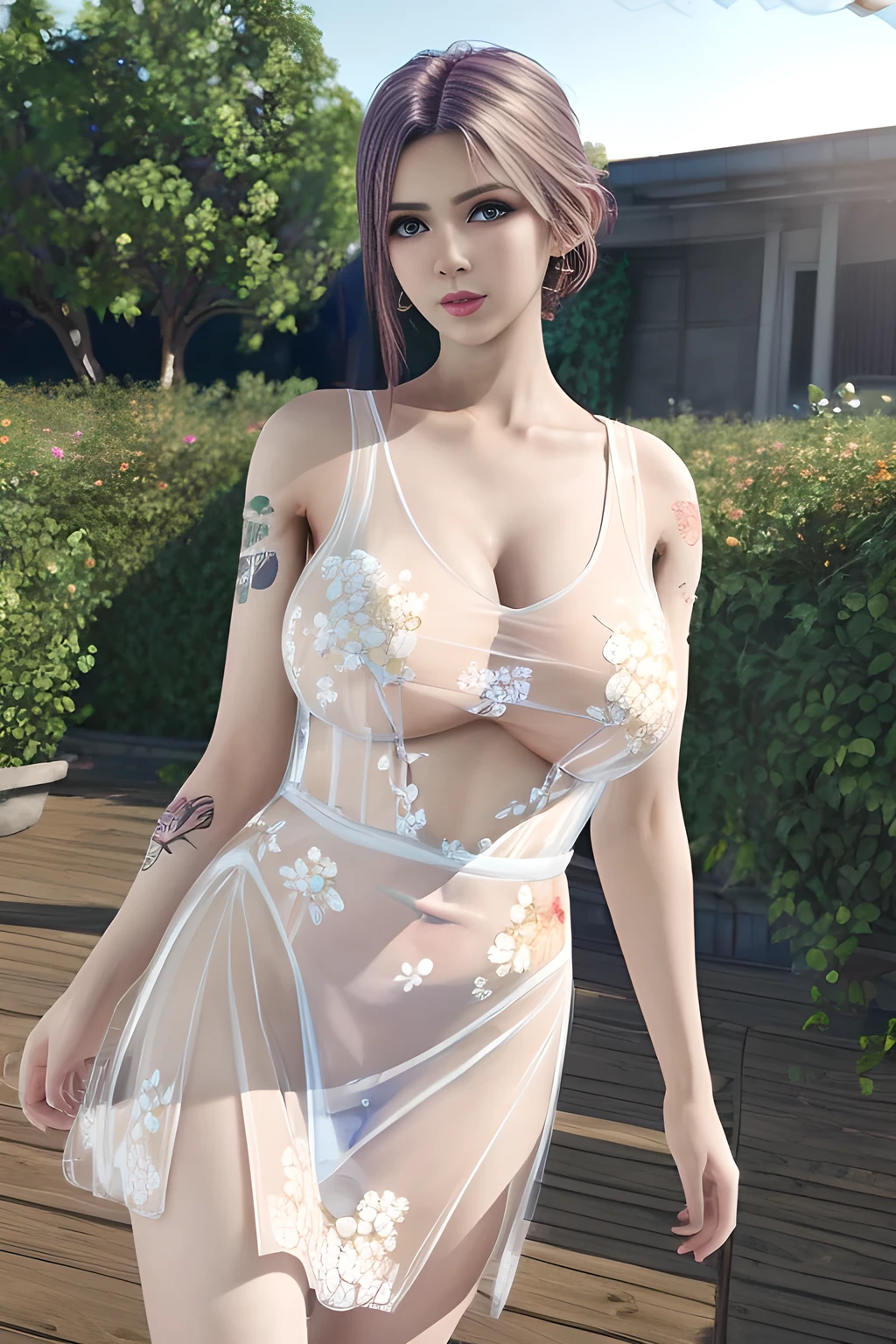 1 girl,Wearing an elegant (white transparent dress with white floral pattern: 1.3). The dress has a V-neck design and is sleeveless with straps passing over the shoulders. The dress has a high slit on the side, adding to its stylish look. The background suggests an outdoor setting with lots of greenery and modern architectural elements, the outdoor part of a chic modern place. The sun shines through the leaves, casting a soft glow on the scene,,open lips,charming smile,((huge breasts), shiny skin,Detailed hair,(tattooed:1.2),((8k, RAW photos, top quality, masterpieces)), high-definition RAW color photos professional photos, (realistic, photorealism: 1.37), (highest quality), (best shadows), ( ultra high resolution, high-definition CG unified 8K wallpapers, physically based rendering, movie lighting),elise