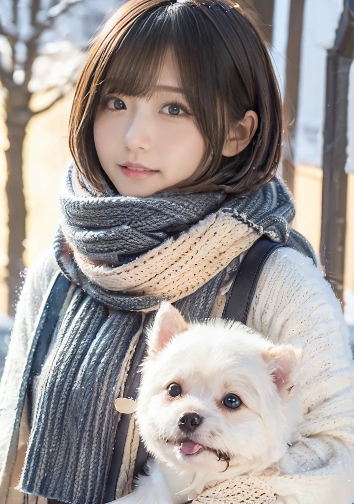 Being with a dog、Bonfire、Lens flare、Hair blowing in the wind、Medium Short Hair、Fluffy scarf、Expressing the whiteness of one's breath、Photo from the waist up、Night city illumination shot、Cowgirl Shot、Fur coat、豪華なグレーのミンクのFur coat、Wear fine leather boots、Luxury Bags、Inner turtleneck、Silver necklace and small silver earrings Millionaire style:1.4))、Full body photo、smile、 Caustics、Highly detailed photos、Very beautiful woman 、Ample breasts、No makeup、(8K、RAW Photos、Highest quality、masterpiece:1.2)、(Realistic、Realistic)、1 Girl、((Medium Short Hair、Midwinter、Cold region Snow falling、The wind is blowing、Fluttering Hair、Blur the background、Colorful illuminations、Looking into the camera:1.4))、