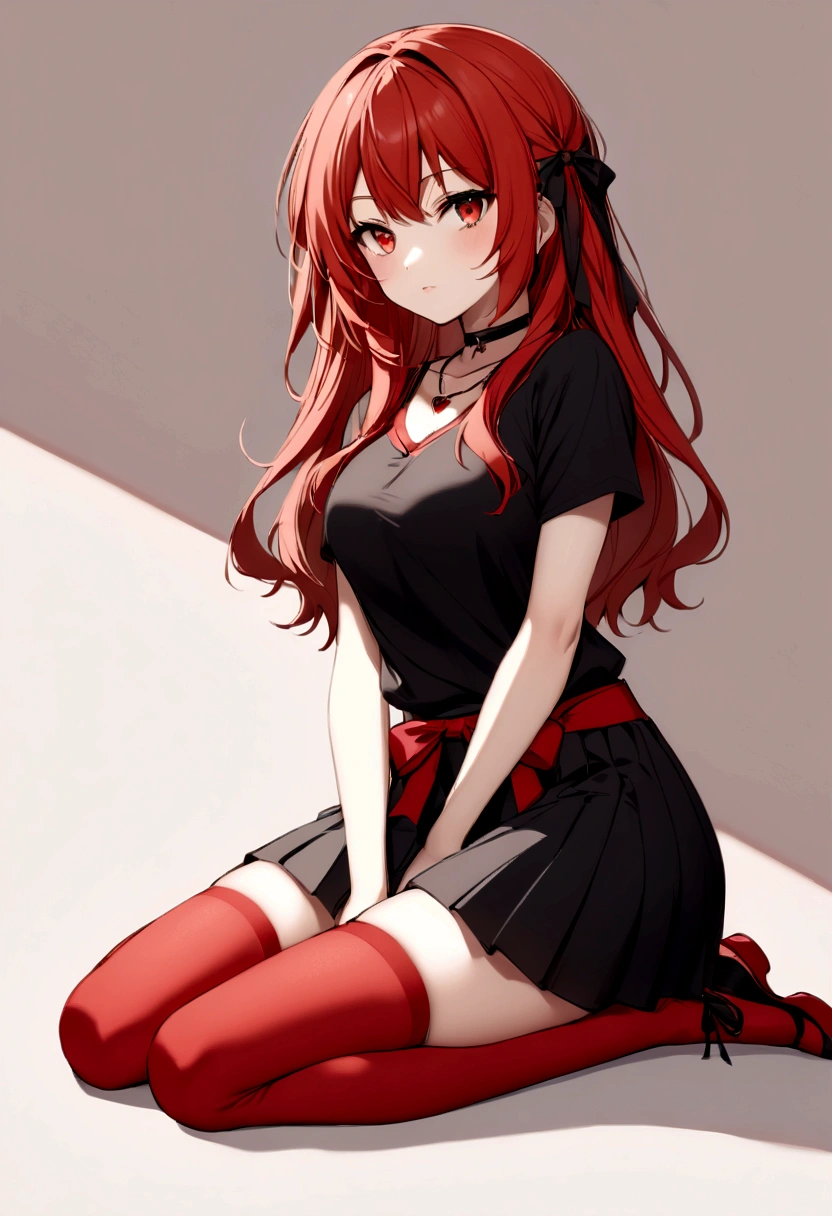 a girl with a black skirt ,small red shirt on top of is red stockings . red zip up hoodie, black shirt underneath with short sleeves and ,red hair, long hair and a flower with a ribbon on the bottom on the side on the hair and red eyes has a black Choker , and a small heart red necklace , has a ribbon bow waistband, main color red , full body 