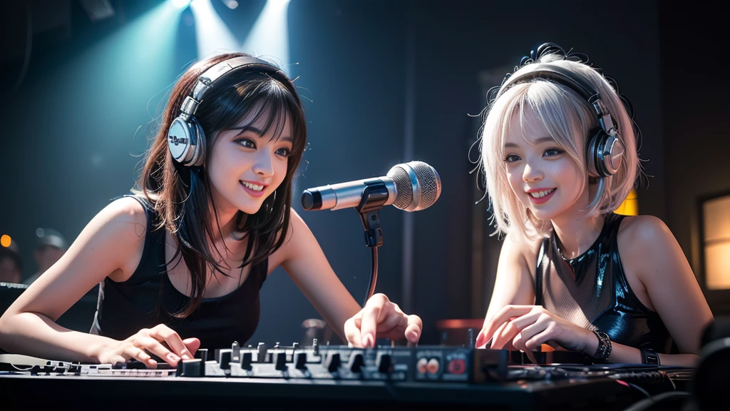 (ultra - detailed, 16K resolution, Cinema lenses, rendering by octane), (high resolution:1.18), intricate detail, (masterpiece:1.1), (highest quality:1.1), (1girl, portrait, white hair, blue eyes, short hair, detailed eyes),Wearing silver DJ headphones, Shiny silver sequined T-shirt, (Iconic hip-hop pop costumes:1.3), Smile while DJing on stage, full body shot of, The spotlight shines on the female DJ. Photorealistic photography by Disco Lighting, (cute round face:1.3), perfect fingers, five fingers, beautiful hands, perfect hands. master peace, cute smile.