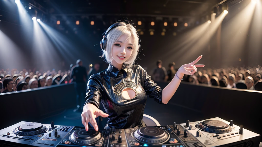 (ultra - detailed, 16K resolution, Cinema lenses, rendering by octane), (high resolution:1.18), intricate detail, (masterpiece:1.1), (highest quality:1.1), (1girl, portrait, white hair, blue eyes, short hair, detailed eyes),Wearing silver DJ headphones, Shiny silver sequined T-shirt, (Iconic hip-hop pop costumes:1.3), Smile while DJing on stage, full body shot of, The spotlight shines on the female DJ. Photorealistic photography by Disco Lighting, (cute round face:1.3), perfect fingers, five fingers, beautiful hands, perfect hands. master peace, cute smile.
