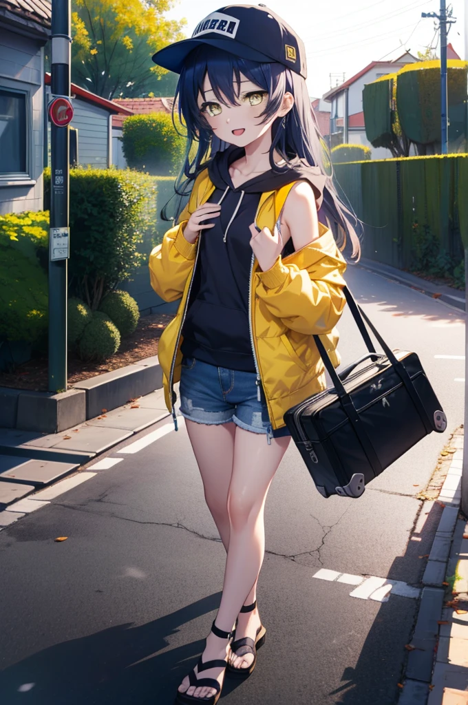 Umi Sonoda, Long Hair, Blue Hair, (Yellow Eyes:1.5) (Flat Chest:1.2),happy smile, smile, Open your mouth,Baseball hats,Sleeveless blue hoodie,Shorts,Sandals,Push-type suitcase,Walking,Daytime,Clear skies,True Summer,whole bodyがイラストに入るように,
break looking at viewer,whole body,
break indoors, countryside,
break (masterpiece:1.2), Highest quality, High resolution, unity 8k wallpaper, (figure:0.8), (Beautiful attention to detail:1.6), Highly detailed face, Perfect lighting, Highly detailed CG, (Perfect hands, Perfect Anatomy),