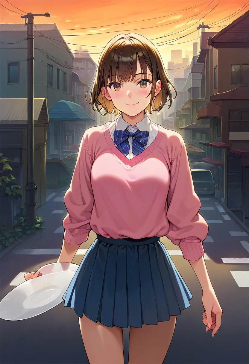 Kyoko,score_9,score_8_superior,score_7_superior,sauce_anime,One girl,alone,View your viewers,city,Streetscape of the 1980s,asphalt paved,paved,lamp post,force_line,Orange sky,evening,Pink Sweater,White collared shirt,length_skirt,blue skirt,cowboy_shot,Front view,Are standing,smile,:d,arms_behind_return,