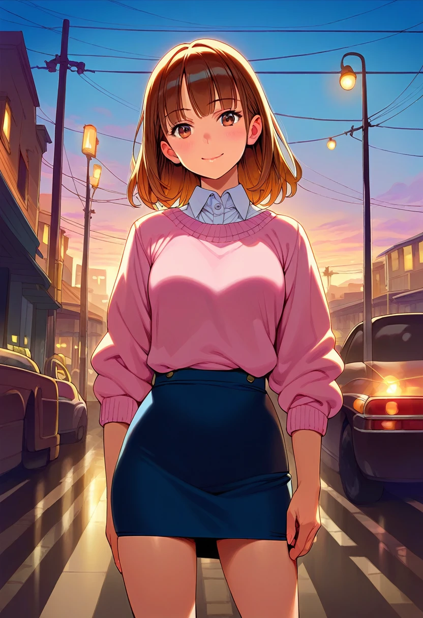 Kyoko,score_9,score_8_superior,score_7_superior,sauce_anime,One girl,alone,View your viewers,city,Streetscape of the 1980s,asphalt paved,paved,lamp post,force_line,Orange sky,evening,Pink Sweater,White collared shirt,length_skirt,blue skirt,cowboy_shot,Front view,Are standing,smile,:d,arms_behind_return,