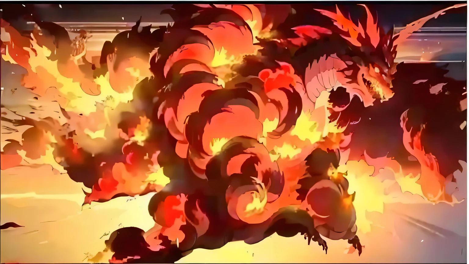 anime scene of a fire breathing dragon with flames coming out of it, the explosion from akira, lots of flames, embers adrift in the air, [explosions and fire], multiple flames, huge explosions everywhere, large explosions, large flames, huge explosions, embers flying, fire powers fire swirling, explosions all around, lots of fire, intense flames