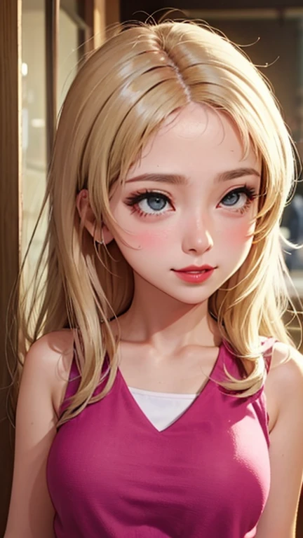 blush a little and smile, (Top quality masterpiece:1.2) Delicate illustrations, Very detailed, /Beautiful Japanese Women、1 person,Very cute and slim、Great style 、((8K images、super high quality))、Very delicate face, Skin and Hair、beautifule forehead、Red lipstick、(((((Mid-length hair、Blonde、lure))))),Very cute Japanese cut face、Eyes and nose are clearly visible、Kind eyes,((((Sleeveless fashion))))