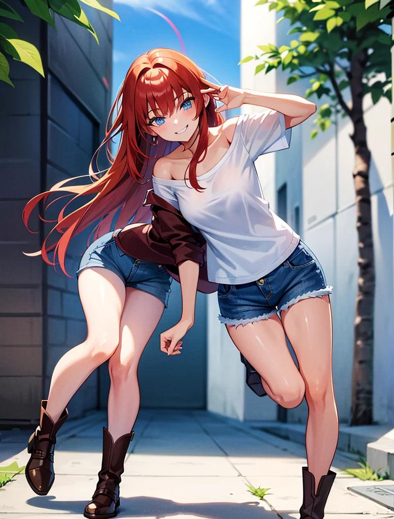 18 year old young girl, long haired redhead with blue eyes, Short white off-the-shoulder shirt, short blue denim shorts, SMILE, smiling, short brown boots with white, Kick al aire, Kick, soltando una Kick