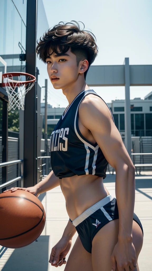 (RAW photo, 4k, masterpiece, high resolution, extremely complex) (realistic: 1.4), cinematic lighting
ung man having long legs, thick thighs, large hips, thin and narrow weist, big male reproductive organs, very small spikey boyish haircut,, Solo Focus, Summer Noon, Hot, 1990s\(Style\), (Best Quality), (Highres), (an Extremely Delicate and Beautiful),,(Beautiful 8k face),(Brown eyes),(ulzzang-6500:1.0),(solo),(Looking side),( spectators),(large breasts),(NBA),bent over,,lookside,(side), ,(Basketball sportswear),((Play basketball)),((gymnasium)),((speed)),(reality), man, man, shaved , hot male