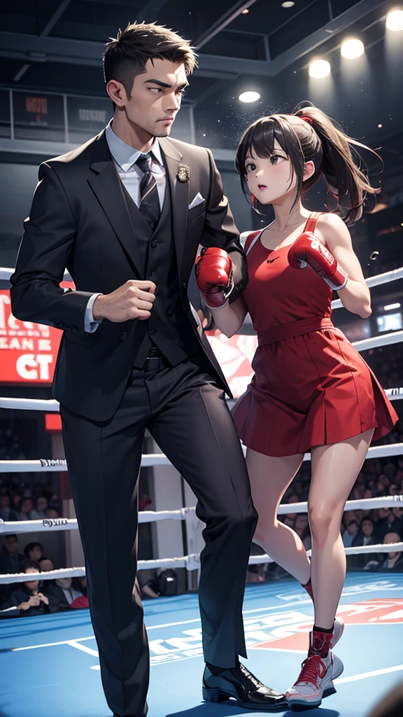 Boxing Counter、Men and women in suits、Two people fighting
