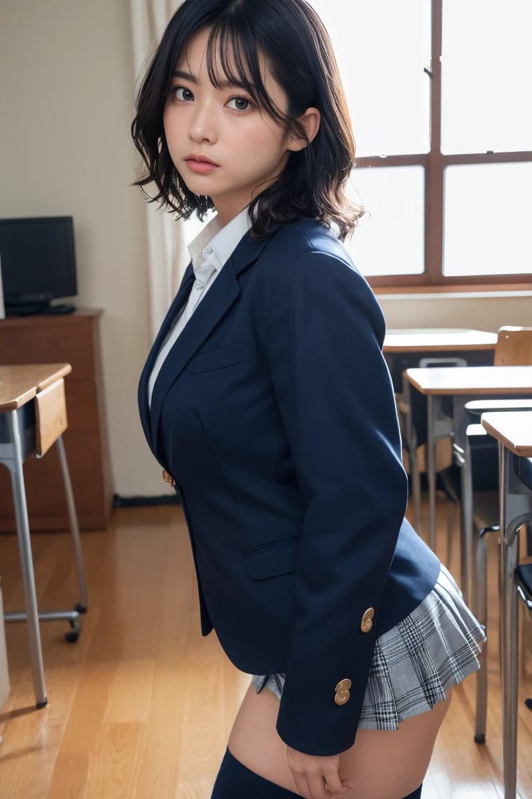 masterpiece, Highest quality, figure, Very detailed, Fine details, High resolution, 8k,wallpaper, Perfect dynamic composition,(Detailed high quality, Realistic depiction of eyes:1.3), From the side, High school classroom、 uniform、blazer 、Super Short Check Uniform Skirt、Navy blue knee-high socks、garter belt、huge 、Disheveled uniform, Short Bob Hair, Black hair color, hugeな胸, Big Natural Color Lip, Bold sexy pose, Perfect figure, Crying a little、Cold Stare, Harajuku Style、20-year-old girl、Cute type, Beautiful feet, Gravure idol pose