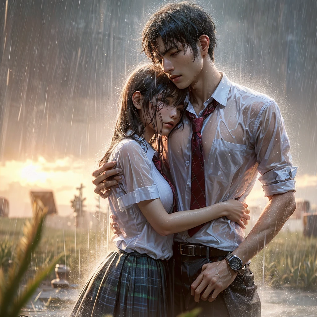 realistic art, there (woman with big round breasts wearing black luxury bra, long pink hair) and the (handsome muscular male alpha male with mint green hair Wavy Mullet, very muscular) in a Korean  hugging in the rain, (wet and messy shirt show black bra under shirt), wet skirt, pretty girl in school field,  Raining, Korean Girl, Raining Award Winning Photo, , At Night, Wet Rain, Wet Rainy, Beautiful, Hand Behind Head, Masterpiece, Best Quality: 1.2),,(8k, Highres, RAW Photo, Realistic, Photorealistic: 1.3),(Detailed Skin Texture, Detailed Fabric Texture, Beautiful Detailed Face: 1.25), Professional Lighting, Photon Mapping, Beautiful Soft Light,  radiosity, physics-based rendering, ray tracing, model shooting style, model shooting style, (extremely detailed 8k CG unit CG wallpaper).