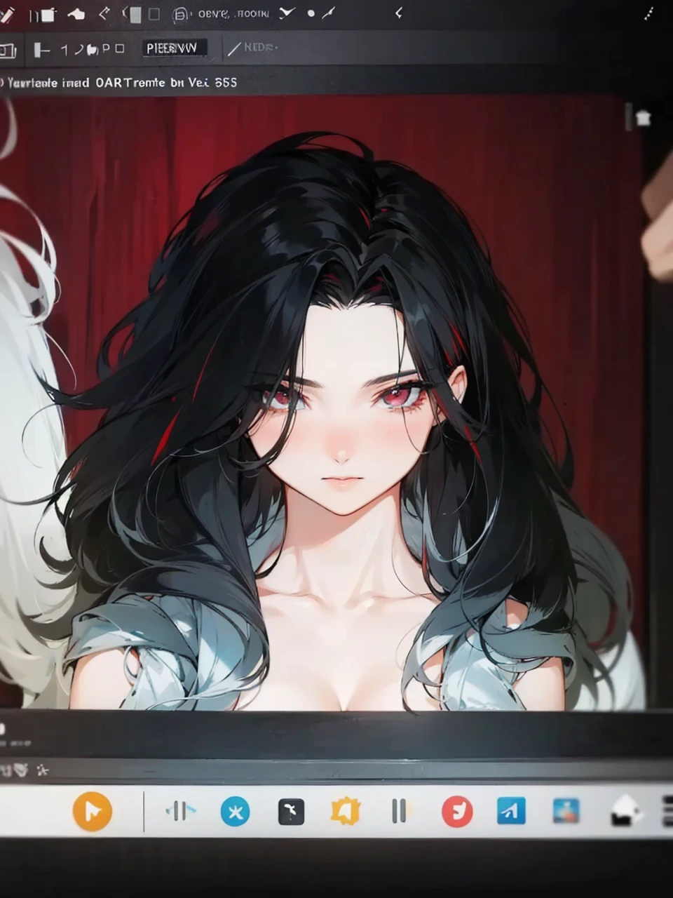 her hair is black and white, it is mix with curly and straight hair, add in some red streaks.