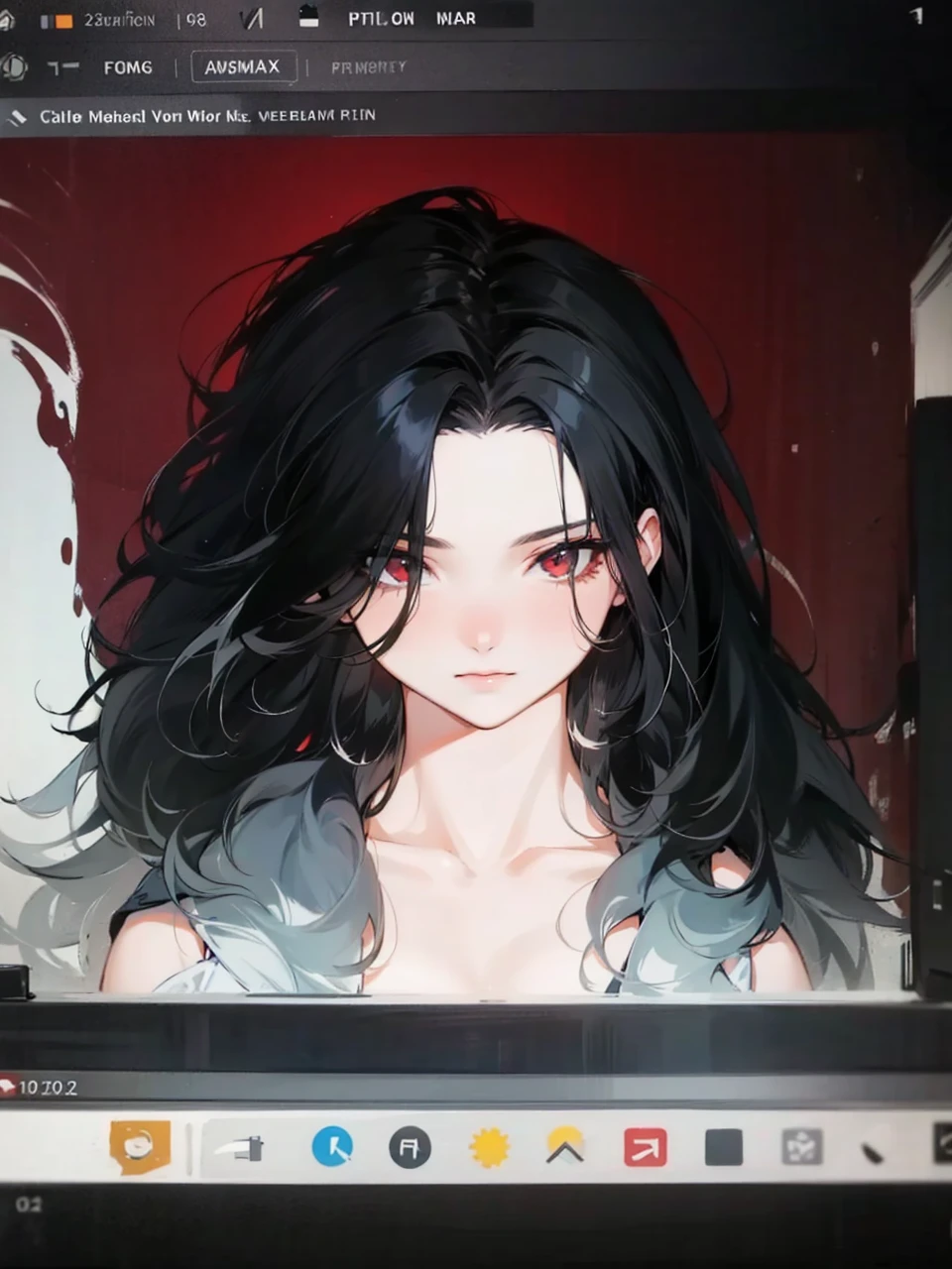 her hair is black and white, it is mix with curly and straight hair, add in some red streaks.