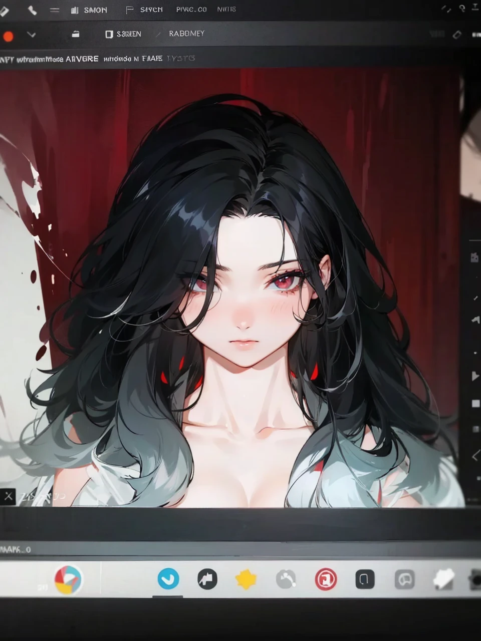her hair is black and white, it is mix with curly and straight hair, add in some red streaks.
