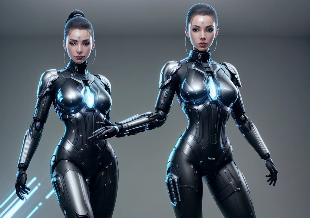 ```
Positive prompt: "Create a full-body image of a futuristic female cyborg with an elegant and sophisticated design. She is an adult woman, exuding both strength and grace. Her overall appearance should blend advanced technology with human-like features. Her body is a seamless integration of sleek metallic components and organic elements, showcasing advanced cybernetic enhancements. She is facing forward, and her entire body, including both arms and legs, is visible from head to toe.

Her facial features are refined and expressive, with lifelike eyes that convey intelligence and depth. Her hair, though artificial, has a realistic and stylish appearance, possibly incorporating metallic strands or futuristic elements.

Her attire should be a combination of futuristic armor and stylish clothing, reflecting her advanced nature. The design should highlight her agility and power, with sleek lines and a streamlined silhouette. Consider incorporating elements such as illuminated circuits, advanced interfaces, or holographic displays integrated into her outfit.

The color palette can include metallic silvers, deep blues, and hints of neon accents. The background should be a dark, futuristic interior with soft, ambient lighting to emphasize the advanced technology. The overall style should be hyper-realistic with intricate details.

Ensure the image shows her full body from head to toe, with both arms and legs clearly visible. Use a portrait aspect ratio to capture the entire figure. Specify 'full body shot' and 'entire body' to emphasize the need for a complete view. Make her appearance more mechanical and robotic, with visible gears, wires, and metallic textures throughout her body. Include details about her shoes or feet, such as 'wearing sleek metallic boots'."

Negative prompt: "cropped, out of frame, deformed, disfigured, poorly drawn face, poorly drawn hands, poorly drawn feet, blurry, low quality, bad anatomy, missing arms, missing legs, extra limbs, extra arms, ext