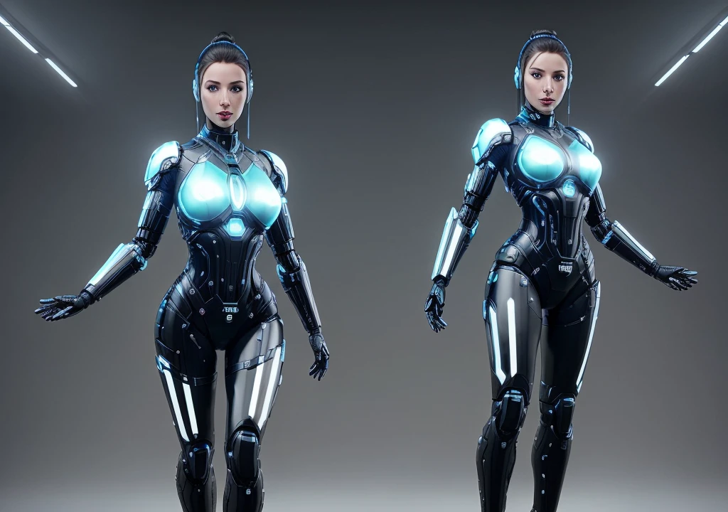 ```
Positive prompt: "Create a full-body image of a futuristic female cyborg with an elegant and sophisticated design. She is an adult woman, exuding both strength and grace. Her overall appearance should blend advanced technology with human-like features. Her body is a seamless integration of sleek metallic components and organic elements, showcasing advanced cybernetic enhancements. She is facing forward, and her entire body, including both arms and legs, is visible from head to toe.
Her facial features are refined and expressive, with lifelike eyes that convey intelligence and depth. Her hair, though artificial, has a realistic and stylish appearance, possibly incorporating metallic strands or futuristic elements.
Her attire should be a combination of futuristic armor and stylish clothing, reflecting her advanced nature. The design should highlight her agility and power, with sleek lines and a streamlined silhouette. Consider incorporating elements such as illuminated circuits, advanced interfaces, or holographic displays integrated into her outfit.
The color palette can include metallic silvers, deep blues, and hints of neon accents. The background should be a dark, futuristic interior with soft, ambient lighting to emphasize the advanced technology. The overall style should be hyper-realistic with intricate details.
Ensure the image shows her full body from head to toe, with both arms and legs clearly visible. Use a portrait aspect ratio to capture the entire figure. Specify 'full body shot' and 'entire body' to emphasize the need for a complete view. Make her appearance more mechanical and robotic, with visible gears, wires, and metallic textures throughout her body. Include details about her shoes or feet, such as 'wearing sleek metallic boots'."
Negative prompt: "cropped, out of frame, deformed, disfigured, poorly drawn face, poorly drawn hands, poorly drawn feet, blurry, low quality, bad anatomy, missing arms, missing legs, extra limbs, extra arms, ext