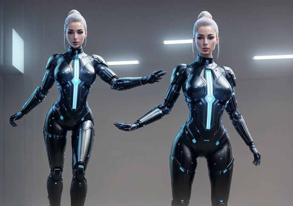 ```
Positive prompt: "Create a full-body image of a futuristic female cyborg with an elegant and sophisticated design. She is an adult woman, exuding both strength and grace. Her overall appearance should blend advanced technology with human-like features. Her body is a seamless integration of sleek metallic components and organic elements, showcasing advanced cybernetic enhancements. She is facing forward, and her entire body, including both arms and legs, is visible from head to toe.
Her facial features are refined and expressive, with lifelike eyes that convey intelligence and depth. Her hair, though artificial, has a realistic and stylish appearance, possibly incorporating metallic strands or futuristic elements.
Her attire should be a combination of futuristic armor and stylish clothing, reflecting her advanced nature. The design should highlight her agility and power, with sleek lines and a streamlined silhouette. Consider incorporating elements such as illuminated circuits, advanced interfaces, or holographic displays integrated into her outfit.
The color palette can include metallic silvers, deep blues, and hints of neon accents. The background should be a dark, futuristic interior with soft, ambient lighting to emphasize the advanced technology. The overall style should be hyper-realistic with intricate details.
Ensure the image shows her full body from head to toe, with both arms and legs clearly visible. Use a portrait aspect ratio to capture the entire figure. Specify 'full body shot' and 'entire body' to emphasize the need for a complete view. Make her appearance more mechanical and robotic, with visible gears, wires, and metallic textures throughout her body. Include details about her shoes or feet, such as 'wearing sleek metallic boots'."
Negative prompt: "cropped, out of frame, deformed, disfigured, poorly drawn face, poorly drawn hands, poorly drawn feet, blurry, low quality, bad anatomy, missing arms, missing legs, extra limbs, extra arms, ext