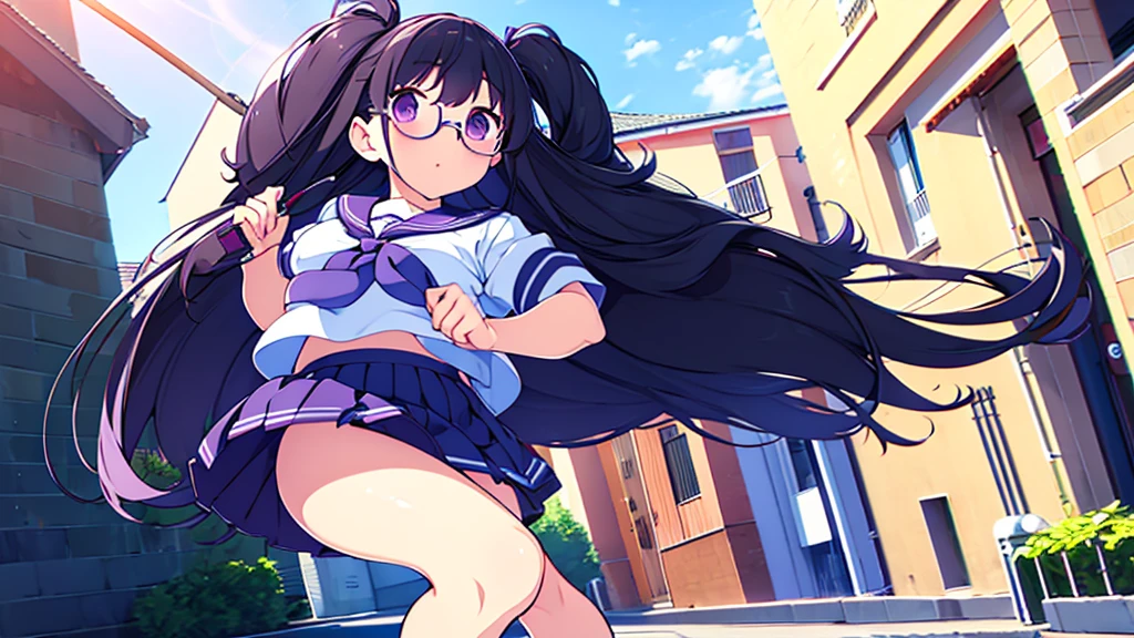 primary school girl　8 years　flat chest　black fur　wide　purple eyes　1 person　glasses　Short sleeve sailor suit　navy blue mini skirt　white panties　white socks　sneakers　They are standing　dynamic angle　low angle