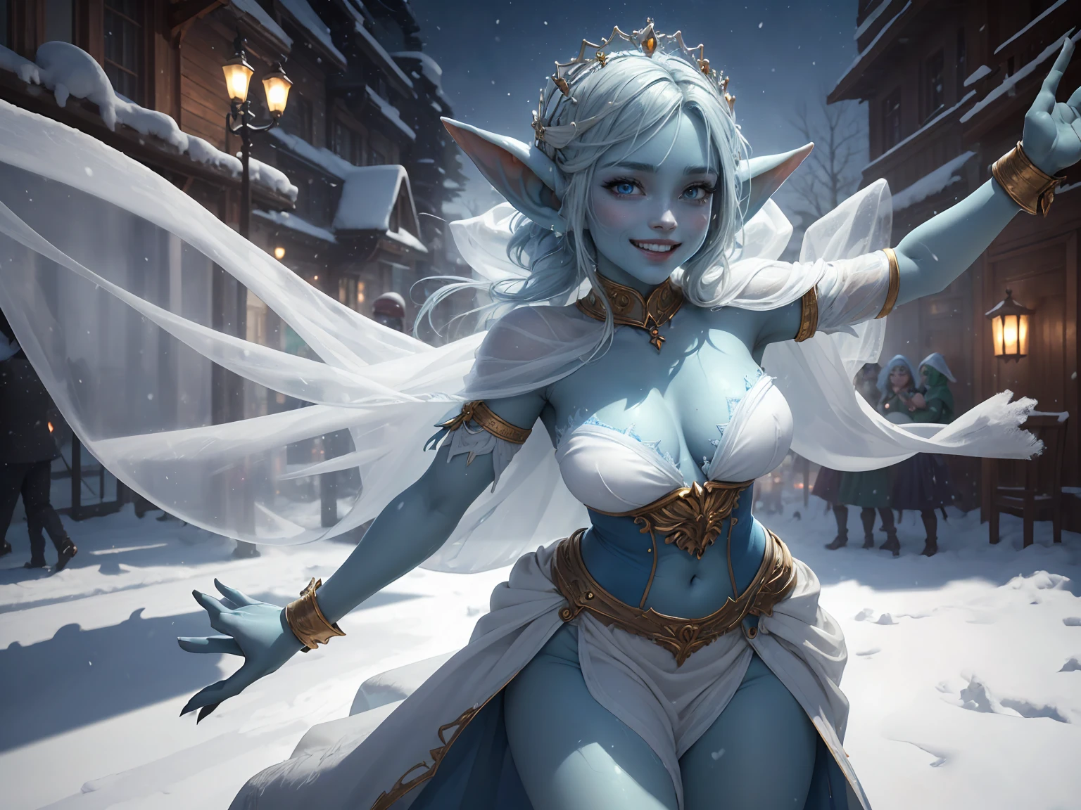 absurdrez, (fidelity:1.4), photo, ((best quality)), ((masterpiece)), (detailed), 4k, tiny blue feral goblin girl, blue skin, blue eyes, white hair, covered in frost, delicate, beautiful, tiny breasts, blue all over, covered in ice, ethereal, small breasts, wearing long flowing white sheer cape and intricate white corset, cinematic still, romantic lighting, happy, celebrating, cheering, exuberant, arms raised, smiling, happy, dancing, outside in the snow, kicking up snow, snowing