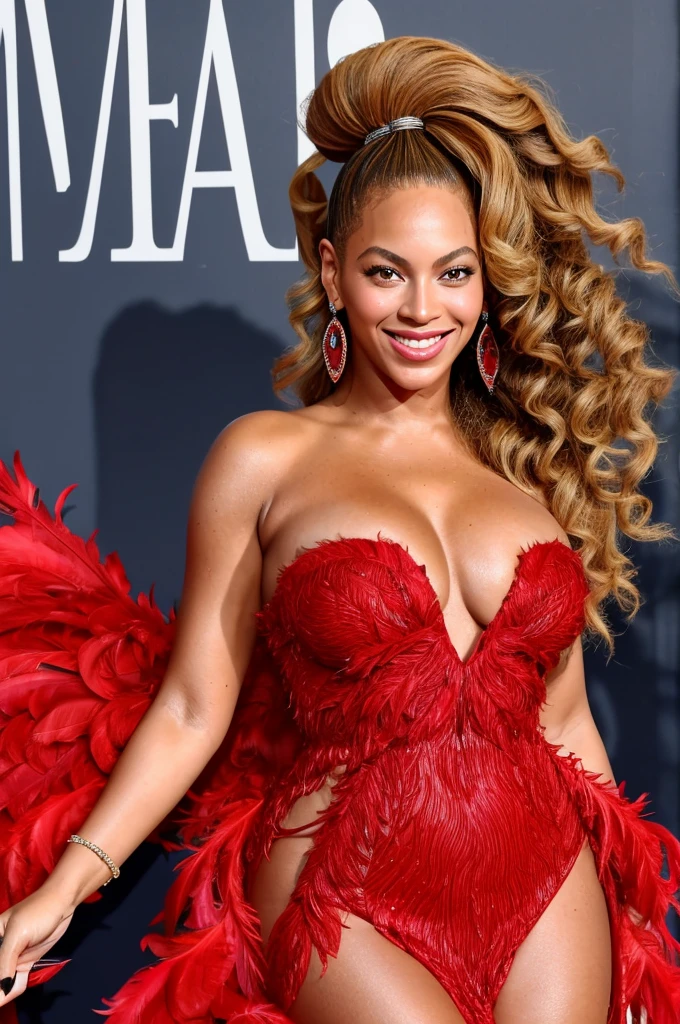 Beyoncé Beautiful smiling, looking at the camera, wearing a short red strapless feather dress