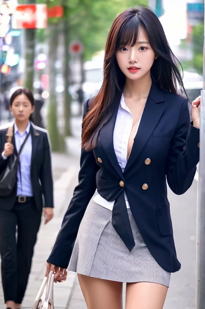 a 17 year old girl, she is the most beautiful actress in the world, the perfect body proportions of this girl, the skin of her upper body is 100% covered by shirt under blazer that is formally buttoned up on her waist, her large breasts are indirectly appealed it's bulge with unexposing it's skin, the panties between her bare legs are hardly covered by short skirt, only, she is standing at the city street, only one description of one body, it's from right above her head to right below her knees are within frame, all her body is looking forward to viewer, nsfw, best quality, highly detailed, masterpiece, ultra high res, photo realistic, 8k, RAW photo