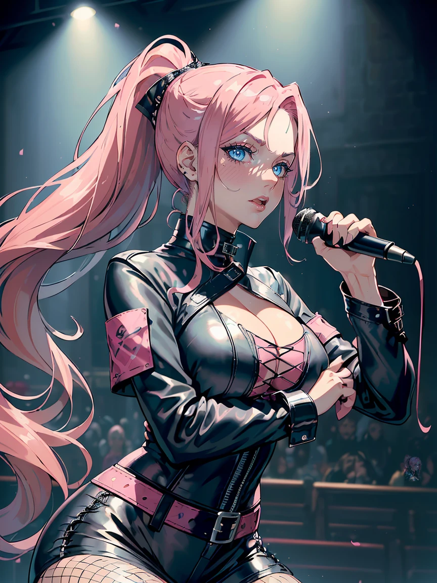 handsome WOMAN,blue-eyes,blue pupils,Long pink hair,Hyperresolution,accuracy,Detailed rendering,(Subtle facial image)(Image of fine hair)(topquality)(Masterpieces of masters)(High degree of completeness)(A sense of atmosphere)tmasterpiece,Super detailed and super detailed(half-body portrait), long wavy pink hair, (((tHICK WAVY HAIR)))(((ANKLE LENGTH HAIR)))(((Blushing)))(((Huge breasts)))(((LARGER BREASTS))) large breasts, bigger breasts (((Bigger breasts))) (((Blushing))) (((Sakimichan))) (((Pink hair))) (((black Rockstar outfit))) (((Leather black outfit))) (((Rockstar)))(((Fishnet tights)))(((cASUAL ROCK OUTFIT))) (((gRUNGE OUTFIT))) (((rOCK MAKEUP))) (((sINGING))) (((bLACK LEATHER OUTFIT))) (((bLACK EYELINER)))(((Fierce expression))) (((Focused))) (((Hair in a long ponytail))) (((Ponytail))) (((Sexy latex outfit)))(((Elf ears)))