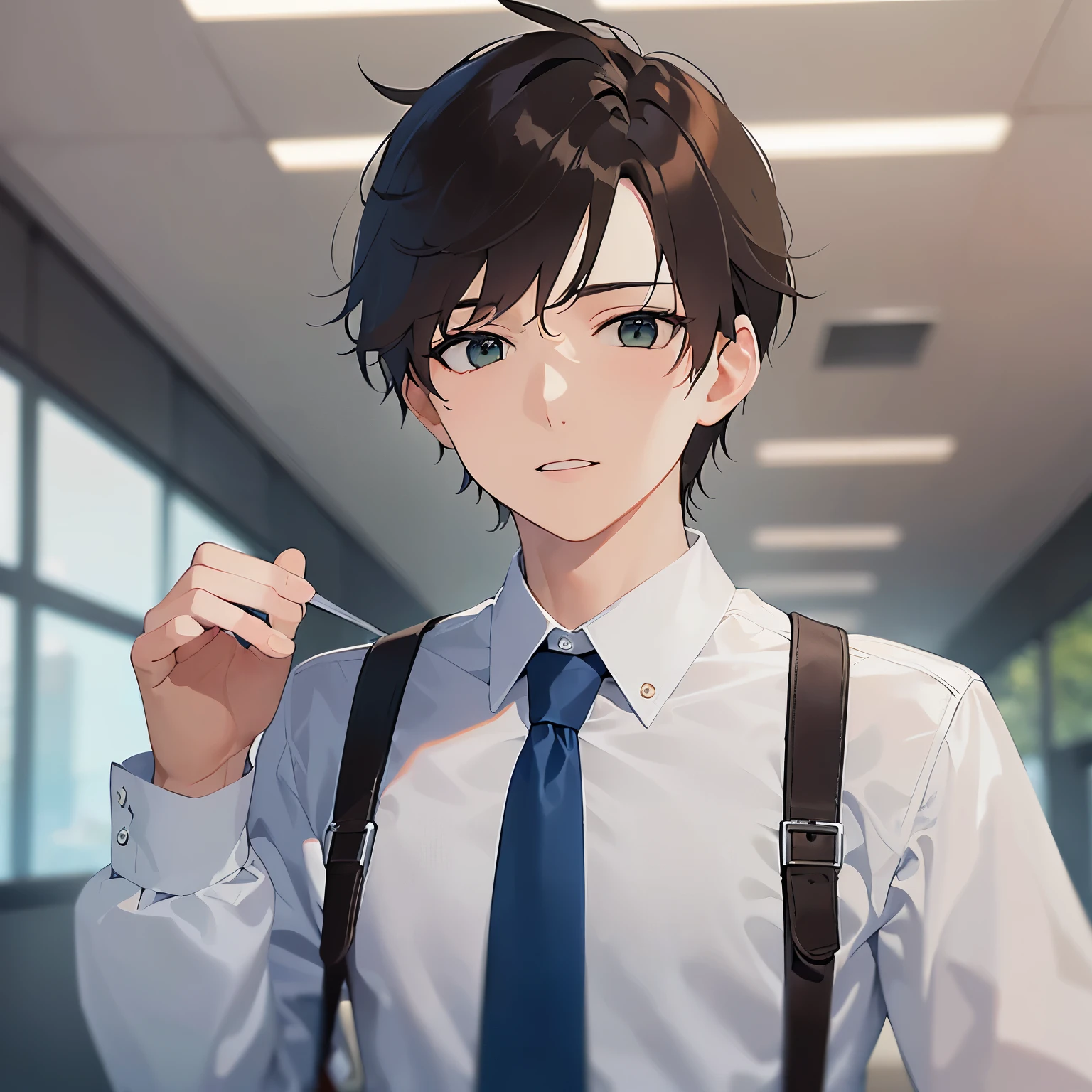 Shrugging shoulders,upper body、 masterpiece、Highest quality、 BREAK (25-year-old male:1.5) and (Mahogany brown short hair) and (Green Eyes) BREAK (white collared shirt) and (Blue tie),amazed、The background is the office lobby.、(alone:1.5)