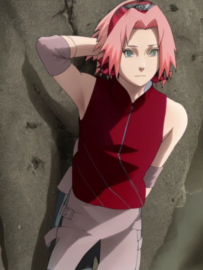 whole body, Sakura Shippuden, Sakura Haruno, naked, Alone, 1 girl, shaved armpits, arm behind head, focus on armpit, green eyes