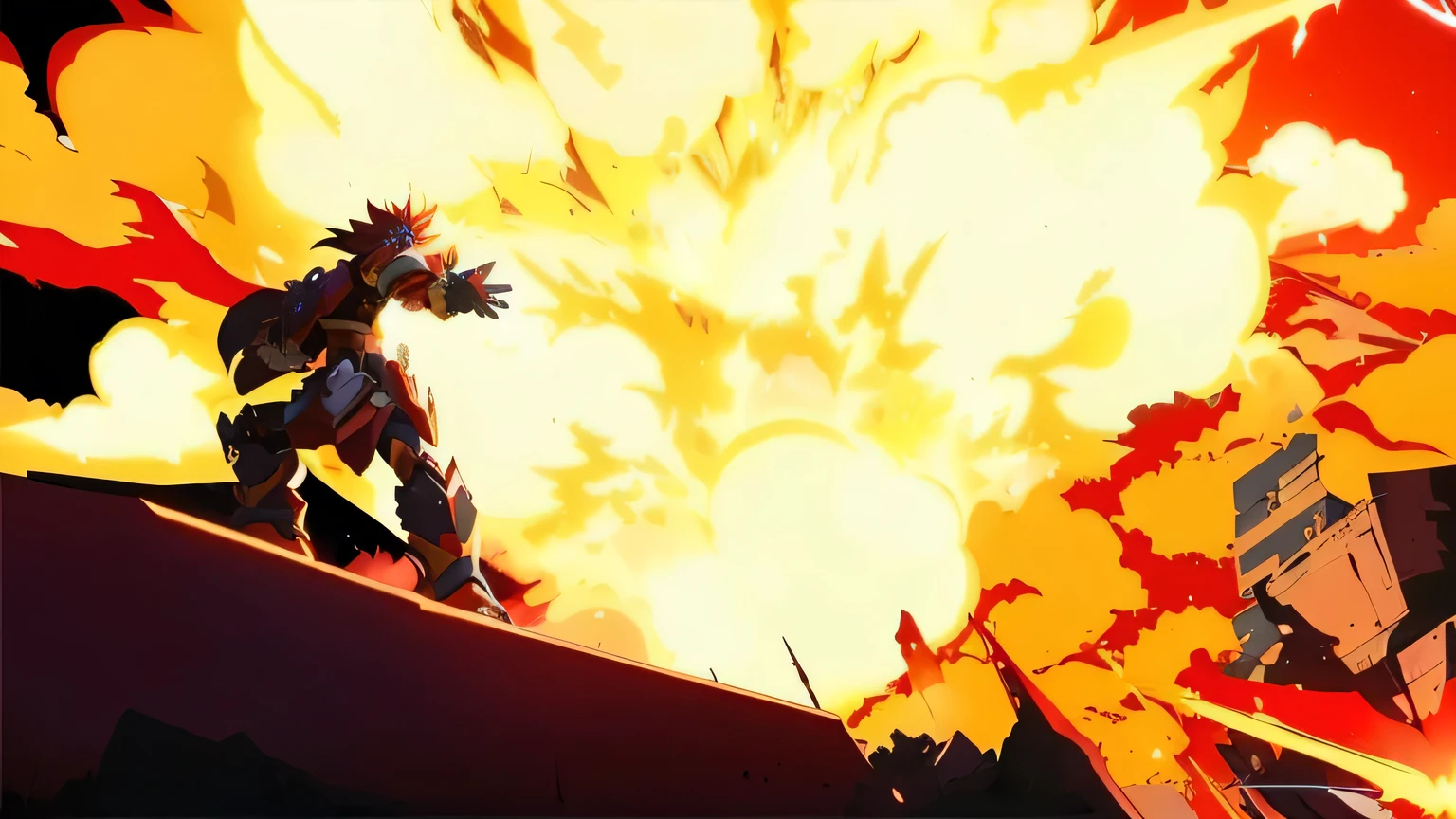anime character with a huge explosion of fire in the background, gurren lagann, style of gurren lagann (2007), an epic anime of a energy man, gurenn lagann, kill la kill illustration, kill la kill, screenshot from the anime film, mazinger, today's featured anime still, anime movie screenshot