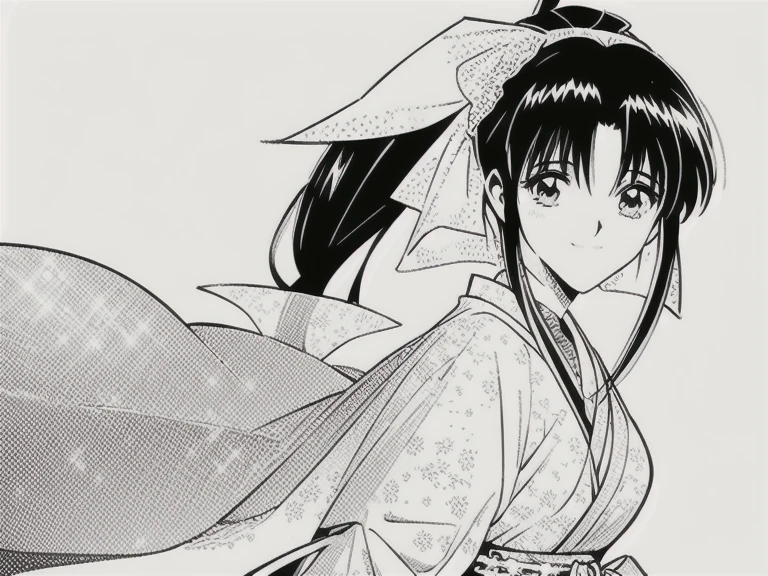 A stunning 17-year-old anime girl, solo and radiant, dons a breathtaking white lace wedding dress. Her slender body and long legs are showcased as she strikes a shy yet captivating smile. Her beautiful eyes sparkle under the gentle framing of her raven-black locks, hair tied in high ponytail which cascade down her face like a waterfall. In high-quality monochromatic tones, her kaorumanga-inspired beauty shines bright against a simple, uncluttered background, drawing full focus on her resplendent figure