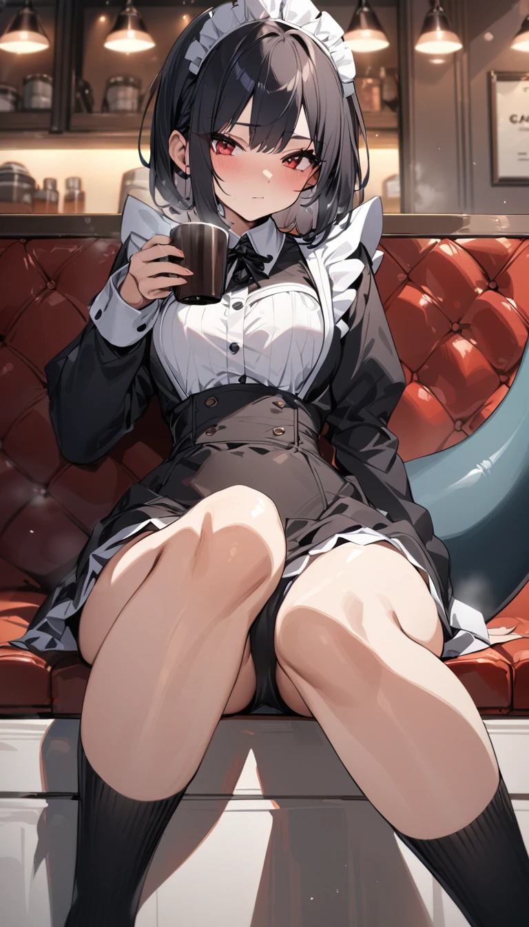 （masterpiece：1.2），Best quality，Perfect Anatomy，Very detailed，1 Girl，Solitary, high resolution，Red eyes，Black short hair，Maid costume，Black shark tail，sitting in café，Holding a cup of coffee，High and cold，Black one-piece socks