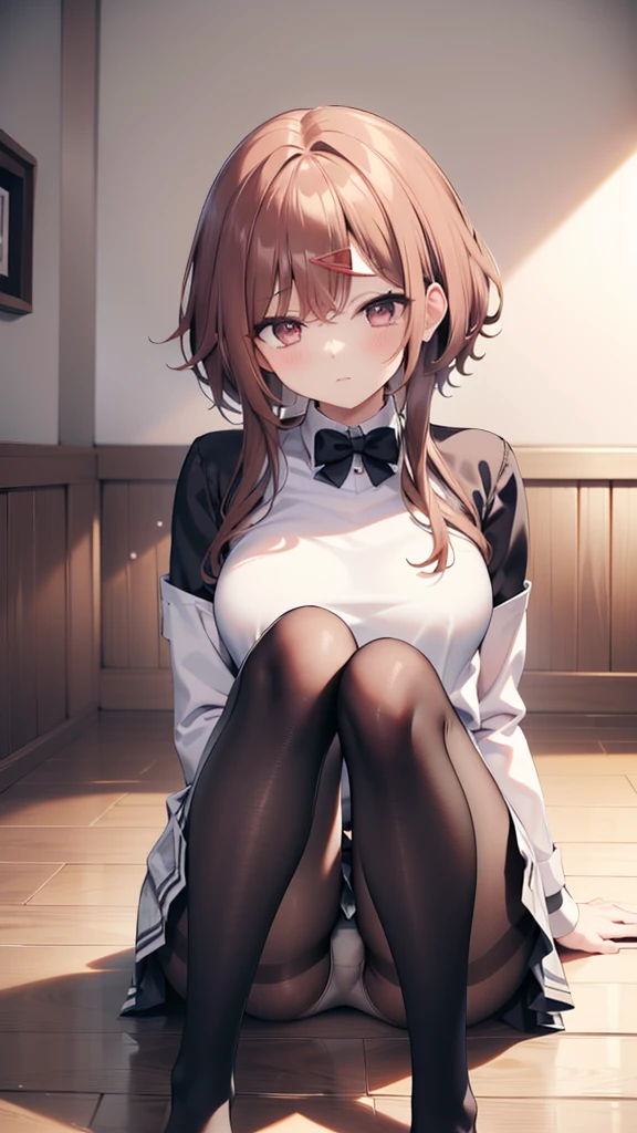 Highest quality, masterpiece, High resolution, (Head to Toe full body), front, frontやや下からの構図, Symmetric, Tall 18 year old girl, alone, (Head to Toe), (Small breasts), disheveled brown hair, bangs, (black tights), (Black Pantyhose), (Sit with your legs apart), (Crouching pose), (A composition showing white panties), (She has her legs spread and her white panties are visible.), (Sit on the floor with your legs spread), (M-shaped foot), Thin legs, とても美しくTall 18 year old girl, (No shoes), blush, Shy big eyes, Looking into the camera, Blazer Uniform, Checkered Pleated Skirt、Madoka Higuchi