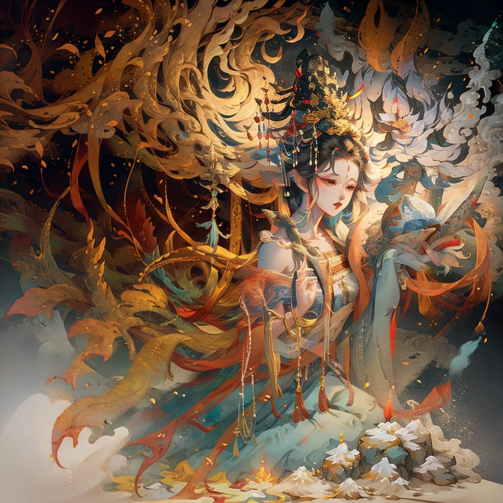painting of a desolate snowy mountain path with tibetan prayer flags, painterly illustration, colorful concept art, a beautiful artwork illustration, jen bartel, in the snow mountains, colorful digital painting, painterly concept art, by Simon Gaon, winter concept art, inspired by Tuomas Korpi, jessica rossier color scheme, with a snowy mountain and ice.