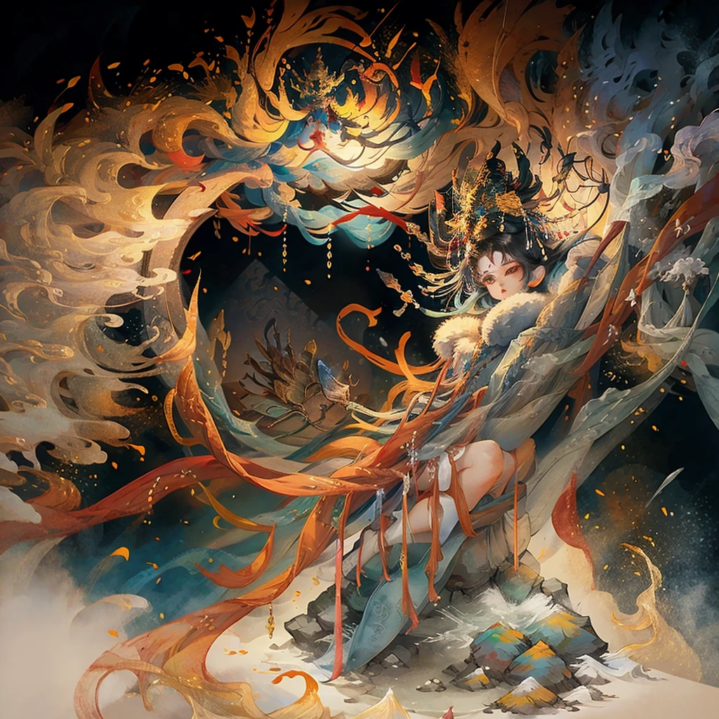 painting of a desolate snowy mountain path with tibetan prayer flags, painterly illustration, colorful concept art, a beautiful artwork illustration, jen bartel, in the snow mountains, colorful digital painting, painterly concept art, by Simon Gaon, winter concept art, inspired by Tuomas Korpi, jessica rossier color scheme, with a snowy mountain and ice.