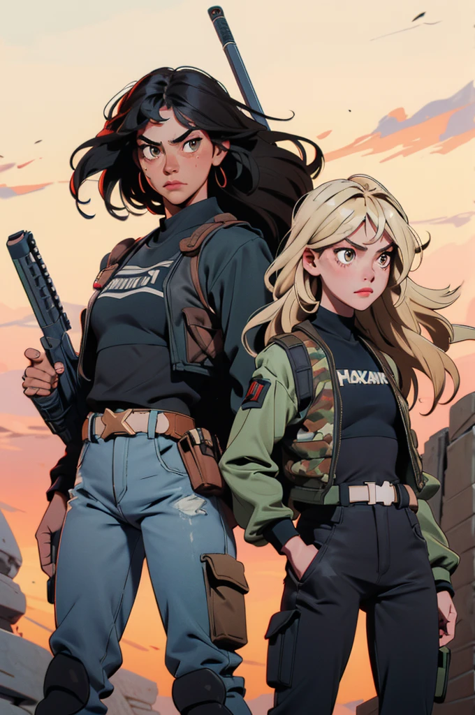 two girls, a black hair, Brown eyes, mexican traits, attractive face, black t-shirt, bulletproof vest, camouflaged pants. The other blonde, Russian and strong features, black t-shirt, black pantaloon. They both carry weapons, they are friends. 