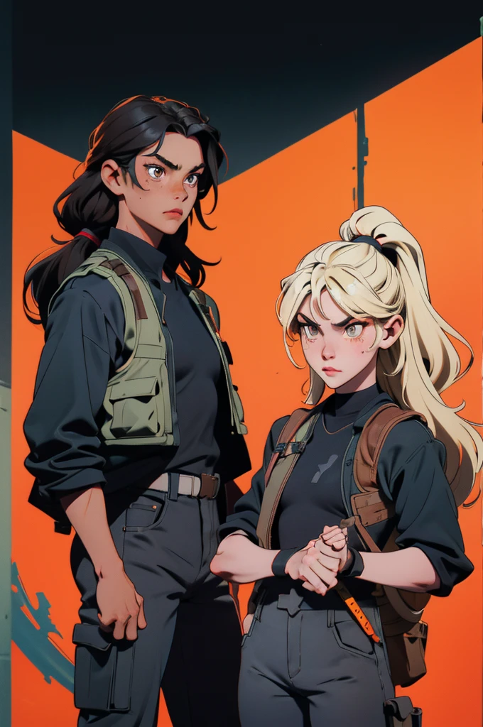two girls, a black hair, Brown eyes, mexican traits, attractive face, black t-shirt, bulletproof vest, camouflaged pants. The other blonde, Russian and strong features, black t-shirt, black pantaloon. They both carry weapons, they are friends. 