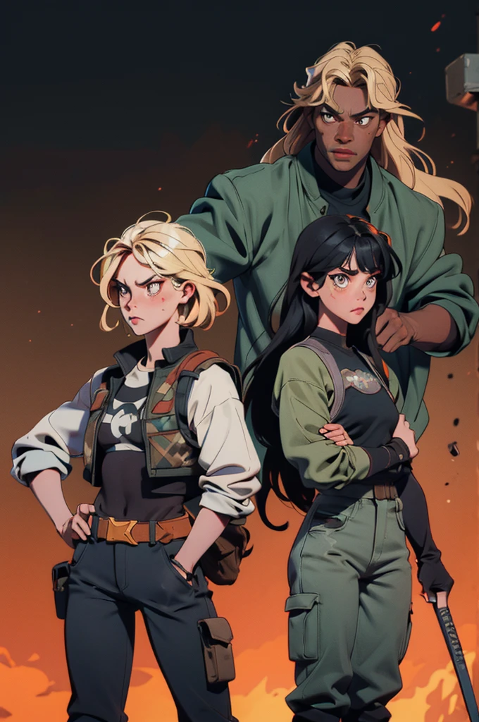 two girls, a black hair, Brown eyes, mexican traits, attractive face, black t-shirt, bulletproof vest, camouflaged pants. The other blonde, Russian and strong features, black t-shirt, black pantaloon. They both carry weapons, they are friends. 