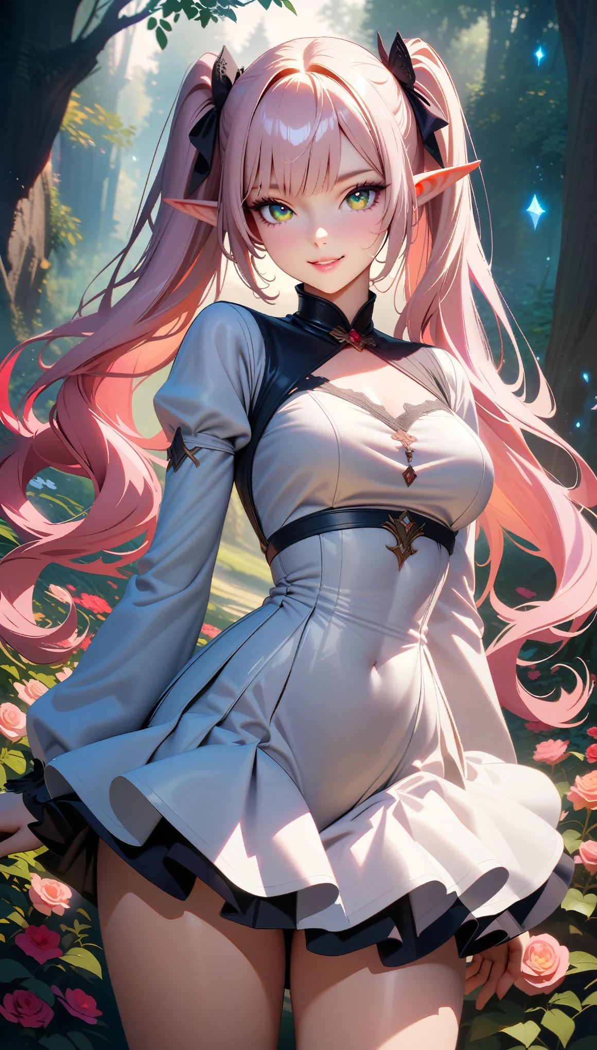 Masterpiece, Best Quality, Super Detailed, High Definition, Expensive Resolution, HDR, Masterpiece, Realistic, Depth, Fine Texture, Super Fine, Complete concentration, (very pretty anime elf girl), (A beautiful Gothic elf female, young elf, elf girl, cute girl, young girl), smirk, smile, (beautiful details white chic top, ribbon, medium pleated skirt, puffy long sleeves, white cloak), emerald eyes, Long eyelashes, eyeliner, massive thick thighs, wide hips, narrow waist, ( light pink hair, (light hair, twin tails, long hair), bangs, gradient hair), shiny hair, (In the middle of a field of roses, posing in a roses field), forest as background, fantasy art, 8k high quality detailed art, colorful fantasy mixed with realism, gothic art style, fantasy art style, a beautiful fantasy young elf, CGI anime fantasy artwork, charming,  seductive posture, vibrant colors, smiling in a confident, gentle smile, beautiful detailed eyes, beautiful detailed lips, extremely detailed eyes and face, long eyelashes, vivid colors, professional, ultra-detailed, intricate details, volumetric lighting, lens flare, particles,(white and platinum colour schemes), Mysterious, mystical