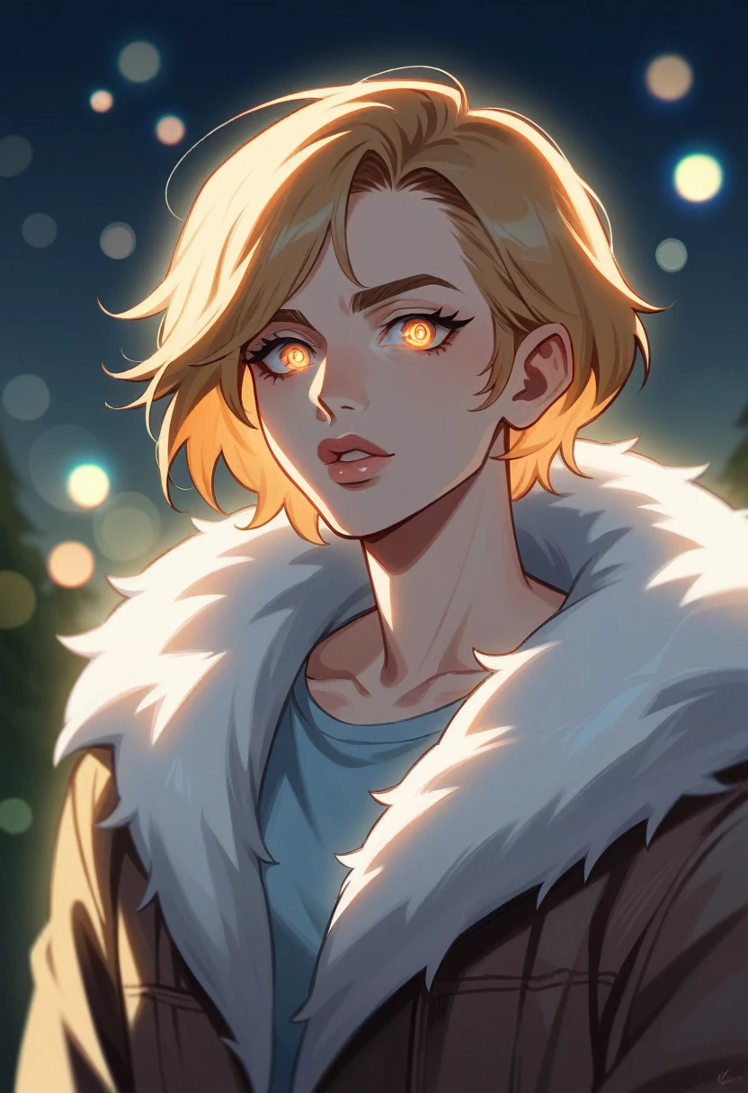happiness (Clear focus:1.2), photo, Attractive young woman, (Pretty Face:1.1), Delicate eyes, Sweet lips, (Smoky Eyes:0.85), Wear (Fur coat:1.2) exist (Cliff Edge:1.2). (Mood lighting:1.2), Depth of Field, Bokeh, 4K, Human Development Report. go through (James C.. Christensen:1.2|Jeremy Lipkin:1.1).