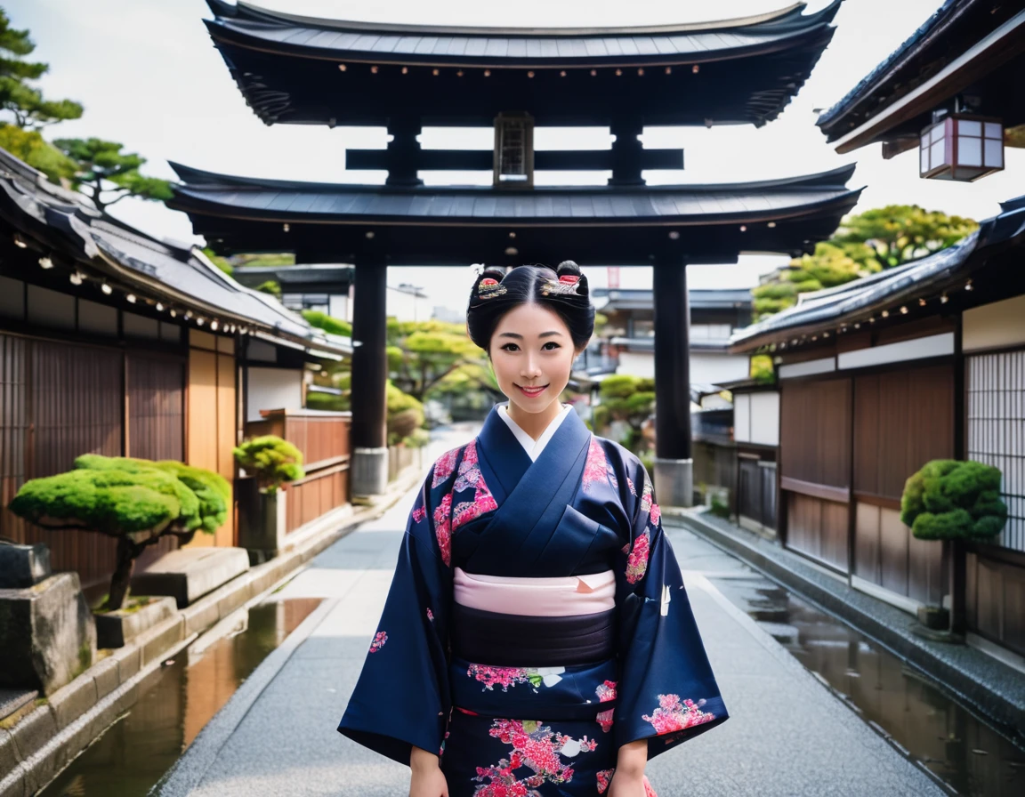 This image depicts a beautiful young woman in traditional Japanese clothing., kimono, Standing in front of the old, Beautiful avenue leading to a multi-storey pagoda. The setting seems to be a historical region of Japan., Probably Kyoto, It is known for its well-preserved neighborhoods with buildings like this one.. kimonoはピンク色で、The belt has a detailed pattern., The woman's hair is elegantly styled, Enhance the authenticity of cultural costumes. The background is vibrant with the warm colors of the wooden buildings and a blue sky dotted with clouds.。. The tower in the background and the surrounding greenery, Contains pink flowers, Enhance the traditional and calm atmosphere of the scene. bright, a sunny day, The woman's satisfied expression、It suggests that you are spending peaceful and contemplative moments enjoying the beauty of your surroundings.。.